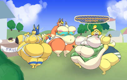 accessory anthro areola bell bell_accessory belly belly_overhang big_belly big_breasts big_butt black_areola black_eyebrows black_nipples black_nose black_pawpads blonde_hair blue_bottomwear blue_clothing blue_ears blue_hair blue_inner_ear blue_shirt blue_skirt blue_sky blue_tail_tip blue_topwear bottomwear breasts building butt cheek_bulge clothing cloud deep_navel dialogue dipstick_tail eyebrows eyes_closed eyewear eyewear_on_head female food furniture grass green_clothing green_panties green_topwear green_underwear green_vest group hair hair_accessory hairband holding_fork holding_object house huge_belly huge_breasts huge_butt huge_thighs hyper hyper_belly hyper_breasts hyper_butt markings morbidly_obese morbidly_obese_anthro morbidly_obese_female multicolored_body navel nipples obese obese_anthro obese_female open_mouth open_smile orange_body orange_ears orange_tail outside overweight overweight_anthro overweight_female panties pattern_bottomwear pattern_clothing pattern_panties pattern_underwear pawpads pink_areola pink_nipples pink_tongue plant red_hairband red_mouth shirt shorts shrub skirt sky smile speech_bubble sunglasses sunglasses_on_head table tail tail_markings talking_to_viewer tan_body tan_tail_tip teeth text thick_thighs tight_clothing tongue topwear translucent translucent_clothing tree trio two_tone_body underwear vest white_bottomwear white_clothing white_eyes white_eyewear white_panties white_shirt white_shorts white_sunglasses white_topwear white_underwear yellow_body yellow_inner_ear yellow_tail puffylove animal_crossing nintendo ankha_(animal_crossing) audie_(animal_crossing) isabelle_(animal_crossing) canid canine canis domestic_cat domestic_dog felid feline felis mammal shih_tzu toy_dog wolf 2026 cel_shading colored digital_media_(artwork) english_text hi_res shaded