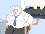 anthro belly big_belly bottomwear clothing kemono male necktie overweight overweight_male pants shirt sitting solo surprised topwear inunoshippo canid canine canis domestic_dog mammal 2024 4:3 hi_res