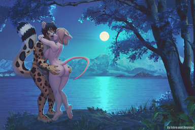 4_toes anthro balls bottomwear breasts butt butt_grab claws clothed clothing duo erection erection_under_clothing feet female finger_claws french_kissing genitals hair hairless hand_on_butt ineffective_clothing ineffective_loincloth kissing lake light loincloth loincloth_only male male/female moon moonlight mostly_nude_anthro mostly_nude_male mountain nature nature_background night nude outside pawpads paws penis pink_pawpads plant plantigrade romantic romantic_ambiance romantic_couple romantic_night side_boob soles toe_claws toes topless tree tribal deymos iskra elisa_(kanrodstavoyan) korben_brandis cheetah domestic_cat felid feline felis hairless_cat hybrid mammal pantherine snow_leopard sphynx_(cat) 2022 artist_collaboration story story_in_description