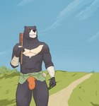 anthro asian_clothing balls_outline bandage bulge clothed clothing detailed_bulge east_asian_clothing fundoshi genital_outline grass japanese_clothing male muscular muscular_anthro muscular_male plant sky smile solo topless underwear walking 9x9 bear black_bear mammal moon_bear ursine hi_res