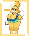 anthro big_breasts blonde_hair breasts cleavage clipboard clothed clothing dipstick_tail emanata female hair hand_on_hip holding_clipboard holding_object looking_at_viewer markings short_stack solo speech_bubble tail tail_markings talking_to_viewer text thick_thighs startop animal_crossing nintendo isabelle_(animal_crossing) canid canine canis domestic_dog mammal shih_tzu toy_dog 2024 english_text