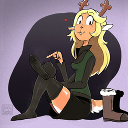 anthro antlers blonde_hair bodily_fluids breasts buckteeth clothed clothing eyebrows feet female fingers foot_focus footwear gesture hair hand_gesture heart_symbol hoof_fetish hoof_focus hooved_plantigrade hooved_toes hooves horn legwear long_hair medium_breasts musk pantyhose plantigrade pointing smile soles solo sweat sweaty_feet teeth toes underhoof sharkysocks deltarune undertale_(series) noelle_holiday deer mammal new_world_deer reindeer 2022 digital_media_(artwork) hi_res