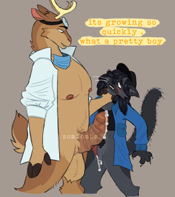 anthro bodily_fluids cum duo female fur genital_fluids genitals hair hand_on_neck male male/female misgendering teeth text vulva zomzombee animal_hospital cervine deer domestic_cat felid feline felis mammal digital_media_(artwork) english_text hi_res