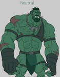 barazoku body_hair bottomwear clothing green_body green_skin loincloth male muscular not_furry orcus_challenge shoulder_hair simple_background solo teeth text white_background rickleone humanoid orc himbo digital_media_(artwork) english_text hi_res portrait