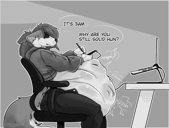 abdominal_bulge anthro belly big_belly body_outline bottomwear bulge chair clothed clothing computer denim denim_bottomwear denim_clothing digestion digestion_noises drawing_(action) drawing_tablet electronics eyewear femboy furniture glasses hair hand_print hoodie jeans laptop long_hair male male_pred muffled muffled_speech office_chair open_clothing pants prey_outline same_size_vore slosh solo text topwear vore wearing_glasses gurglegluts jay_(gurglegluts) canid canine canis domestic_dog mammal mixed_breed shepsky english_text hi_res