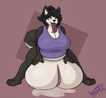 ahegao anthro belly_overhang big_pussy bodily_fluids breasts cleavage clothed clothing duo female genital_fluids genitals hyper hyper_genitalia hyper_pussy long_tongue looking_pleasured overweight overweight_female pussy shirt tank_top tongue topwear vaginal_fluids lonnyk kayla_(lonnyk) canid canine canis domestic_dog husky mammal nordic_sled_dog spitz hi_res