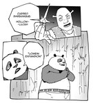 anthro bottomwear clothing dialogue domain_expansion duo humor male shorts text subakeye dreamworks jujutsu_kaisen kung_fu_panda shrek_(series) master_po_ping shrek_(character) bear giant_panda humanoid mammal ogre absurd_res comic english_text hi_res monochrome