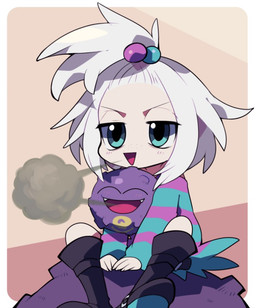 ambiguous_gender duo eyes_closed female gym_leader not_furry open_mouth open_smile simple_background smile smoke smoke_from_mouth teeth ichthy0stega nintendo pokemon roxie_(pokemon) generation_1_pokemon human koffing mammal pokemon_(species) waddling_head 2015