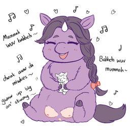 1_horn ambiguous_feral ambiguous_gender black_text blush bodily_fluids braided_hair crotch_breasts duo eyes_closed female female_feral feral front_view fur genitals grey_hair grey_hooves grey_tail hair hooves horn lifting_another neonate open_mouth open_smile purple_body purple_fur saliva simple_background singing sitting size_difference sleeping smile tail teeth text vulva white_background white_horn young young_ambiguous young_feral yellowcottoncandy030 fluffy_pony fluffy_pony_(species) mammal 1:1 2025 comic digital_media_(artwork) english_text hi_res partially_colored