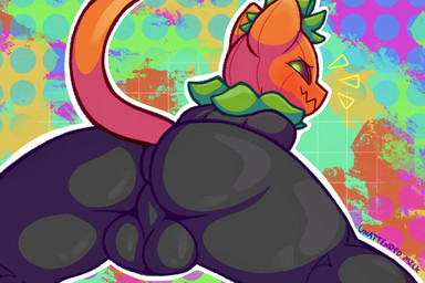 anthro anus balls big_butt black_body black_fur black_nose blush bubble_butt butt butt_focus colorful_background dipstick_tail emanata food for_a_head fruit fur genitals glistening glistening_body glistening_eyes glowing glowing_eyes green_body green_eyes green_fur green_tail green_tail_tip gynomorph holidays huge_thighs intersex looking_at_viewer looking_back looking_pleasured male markings orange_tail plant presenting presenting_anus presenting_hindquarters pumpkin pumpkin_head rear_view semi-anthro simple_background smile smiling_at_viewer solo tail tail_markings teasing textured_background thick_thighs unattendedmilk pumkat domestic_cat elemental_creature felid feline felis flora_fauna food_creature humanoid living_fruit mammal object_head 3:2 colorful_theme hi_res
