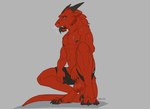 animal_genitalia animal_penis anthro balls breath canine_genitalia canine_penis claws clothed clothing crouching digitigrade fur genitals half-erect horn male muscular open_mouth panting partially_clothed penis red_body red_fur sheath solo tongue tongue_out lddraws mythology dragon furred_dragon furred_scalie mythological_creature mythological_scalie scalie wingless_dragon absurd_res hi_res