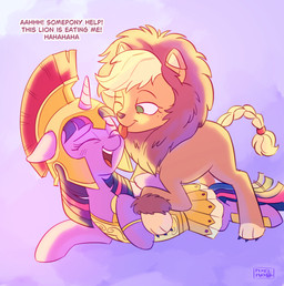 blush duo female feral freckles horn licking lion_costume pinned simple_background text tongue wings pixelpub friendship_is_magic hasbro my_little_pony mythology applejack_(mlp) royal_guard_(mlp) twilight_sparkle_(mlp) earth_pony equid equine horse mammal mythological_creature mythological_equine pony winged_unicorn english_text hi_res