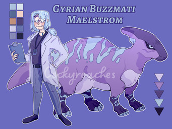 before_and_after blue_eyes blue_hair clipboard clothed clothing coat color_swatch feet feral hair hand_in_pocket head_crest id_card jewelry lab_coat lanyard male markings nails necklace pockets ponytail purple_body purple_scales scales scientist solo striped_markings stripes toenails toes topwear kakusboyfriend dinosquad dinosaur hadrosaurid human mammal ornithischian ornithopod parasaurolophus prehistoric_species reptile scalie 4:3 hi_res model_sheet