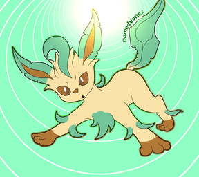 ambiguous_gender brown_body brown_eyes brown_fur feral fur green_background green_body head_tuft leaf leaf_ears leaf_tail leg_markings markings open_mouth pattern_background simple_background socks_(marking) solo tail tan_body tan_fur tuft domedvortex nintendo pokemon eeveelution generation_4_pokemon leafeon pokemon_(species)