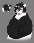 ahoge anthro belly big_belly black_clothing black_hair blush bottomless clothed clothing fur hair hoodie male obese overweight overweight_male solo topwear white_body white_fur telstartelstar doomer_(meme) doomer_bear doomer_boy bear mammal hi_res meme