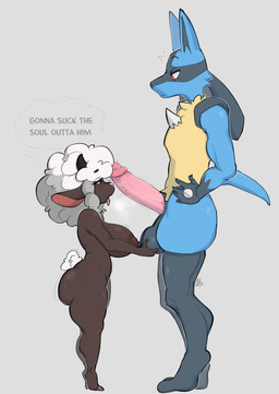 anthro anthro_on_anthro areola ball_squish balls big_balls big_breasts big_butt big_penis biped black_claws blue_arms blue_body blue_face blue_fur blue_legs blue_tail blush blush_lines blush_stickers bodily_fluids body_fur breasts brown_areola brown_body brown_butt brown_ears brown_face brown_horn brown_nipples brown_skin butt chest_spike claws dark_body dark_skin darkened_balls darkened_genitalia darkened_hands darkened_legs duo erection facial_markings female from_side fur genitals grey_background hair hand_on_balls hand_on_hip hand_on_own_hip hand_spike head_markings hooves horn huge_penis imminent_fellatio imminent_oral imminent_sex interspecies legs_together looking_at_another looking_at_genitalia looking_at_partner looking_at_penis looking_down male male/female markings mask_(marking) motion_lines multicolored_body multicolored_fur nipples nude open_mouth penis penis_awe pink_nose pink_penis pokephilia red_eyes service_height shaft_divide sheep_tail shortstack shortstack_female side_view simple_background size_difference snout spikes spikes_(anatomy) squish standing steamy_breath sweat sweaty_body sweaty_butt sweaty_legs sweaty_thighs tail text thick_thighs thought_bubble tiptoes tongue tongue_out triangle_nose white_hair wool_hair yellow_body yellow_eyes yellow_fur yellow_torso lazythegoat nintendo pokemon sheep_girl canid canine generation_4_pokemon generation_8_pokemon lucario mammal pokemon_(species) wooloo absurd_res english_text full-length_portrait hi_res portrait signature
