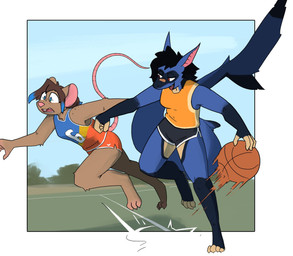 anthro ball bandage bandage_on_face bandage_on_nose basketball basketball_(ball) big_tail black_hair blue_body blue_eyes blue_highlights bottomwear brown_body brown_hair clothing dribbling duo female field hair half-closed_eyes highlights_(coloring) hotpants narrowed_eyes outdoor_background ripping_shirt running shirt shirt_grab shorts surprise surprised_expression tail tank_top topwear shellsist erin_(kawfee) fish mammal marine mouse murid murine rodent shark hi_res