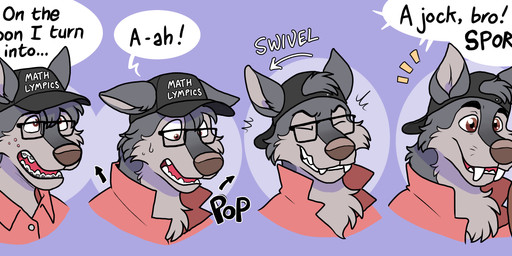 acne anthro backwards_baseball_cap backwards_hat ball baseball_cap braces brown_eyes clothing dialogue eyewear fangs furgonomic_baseball_cap furgonomic_hat furgonomic_headwear furgonomics glasses gridiron_ball hat headgear headwear himbofication humor jockification male neck_tuft pink_clothing pink_shirt pink_topwear sabertooth_(anatomy) shirt solo speech_bubble teeth topwear transformation transformation_sequence tuft blueballs canid canine canis mammal wolf