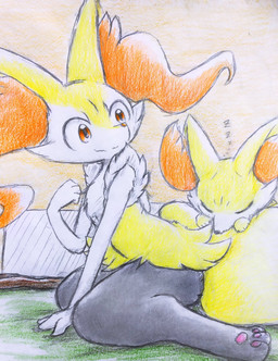 ambiguous_anthro ambiguous_feral ambiguous_gender anthro biped closed_smile daww detailed_background digitigrade duo evolutionary_family eyes_closed feral inside kneeling looking_at_another looking_back looking_back_at_another lying lying_on_tail mouth_closed on_front quadruped sleeping smile snout sound_effects stick vowelless vowelless_sound_effect zzz eiroru nintendo pokemon braixen canid generation_6_pokemon mammal pokemon_(species) 2019 colored_pencil_(artwork) colored_sketch english_description full-length_portrait graphite_(artwork) hi_res japanese_description portrait sketch traditional_media_(artwork)