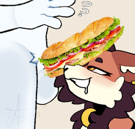 anthro blush blush_lines bodily_fluids brown_hair choker drooling duo fluffy_ears fur hair jewelry male male/male necklace piercing saliva smug smug_face white_body white_fur generic_fur starlit_aster subway_footlong canid canine fox mammal hi_res meme