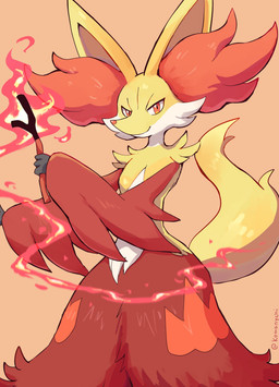 3_fingers ambiguous_gender anthro big_ears cheek_tuft elemental_manipulation facial_tuft fingers fire fire_manipulation fur holding_object holding_stick inner_ear_fluff looking_at_viewer markings multicolored_body multicolored_fur orange_markings red_body red_eyes red_fur red_nose simple_background smile snout solo stick tail tuft white_markings yellow_body yellow_fur yellow_tail komanyachi nintendo pokemon delphox generation_6_pokemon pokemon_(species) absurd_res cel_shading colored digital_drawing_(artwork) digital_media_(artwork) hi_res shaded