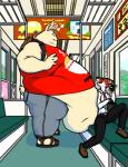 anthro belly belly_overhang big_belly clothed clothing detailed_background duo inside_train male midriff morbidly_obese obese overweight size_difference train vehicle tkc2021 canid canine fox lagomorph leporid mammal rabbit hi_res