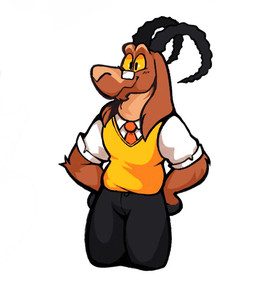 accessory anthro black_bottomwear black_clothing black_horn black_pants bottomwear brown_body brown_fur clothing curved_horn eyewear fur glasses holidays horn long_ears male necktie pants red_necktie shirt slim smile snout solo topwear white_clothing white_shirt white_topwear yellow_clothing yellow_eyes boot_(artist) april_fools'_day montana_(boot) bovid caprine goat mammal 2020