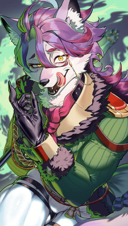 anthro bottomwear bulge clothing colored_fire eyewear fancy_clothing fire fluffy fluffy_tail fur green_clothing green_fire green_topwear grey_body grey_fur hair handwear kemono kerchief leg_belt licking licking_lips looking_at_viewer male monocle multicolored_body multicolored_fur neckerchief neckwear pants purple_hair solo tail tongue tongue_out topwear two_tone_body two_tone_fur white_body white_bottomwear white_clothing white_fur white_pants yellow_eyes cp_1025 compass_(combat_providence_analysis_system) charles_richter_(compass) canid canine canis mammal wolf 2026 absurd_res hi_res