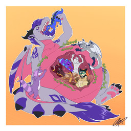 ambiguous_gender antennae_(anatomy) anthro back_tentacles biped blue_body blue_markings bodily_fluids dipstick_tail dipstick_tentacles drooling internal markings mask multiple_prey oral_vore organs purple_body saliva stomach stomach_acid striped_markings stripes tail tail_markings tentacles vore whiskers willing_prey prymal mythology nintendo pokemon rain_world videocult yoku_(gyrotech) alligator alligatorid crocodilian dragon generation_2_pokemon kobold mythological_creature mythological_scalie pokemon_(species) reptile scalie slugcat typhlosion 1:1 absurd_res hi_res