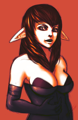 big_breasts breasts brown_hair clothing female gloves hair handwear humanoid_pointy_ears not_furry pointy_ears red_eyes sharp_teeth solo teeth athosvds libra_(athosvds) humanoid vampire hi_res