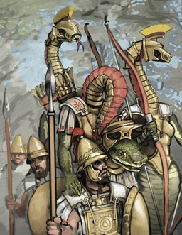 anthro apode armor arrow_(weapon) bow_(weapon) clothed clothing facial_hair female forest forked_tongue furgonomic_armor furgonomic_headwear furgonomics group headgear helmet legless male melee_weapon outside plant polearm quiver_(object) ranged_weapon scales serpentine size_difference spear tongue tongue_out tree weapon lordgood draconcopode human mammal naga reptile scalie snake absurd_res hi_res