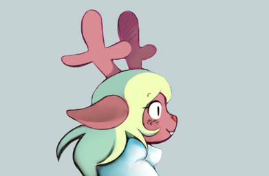 2_horns anthro antlers blonde_hair brown_body brown_fur clothed clothing female freckles fur hair horn red_nose side_view smile solo teeth topwear white_clothing white_topwear eviewevie deltarune undertale_(series) noelle_holiday deer mammal new_world_deer reindeer 2021 portrait