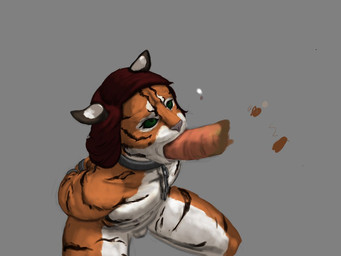 anthro balls bdsm bondage bound collar disembodied_penis duo erection flaccid fur genitals green_eyes grey_background hair hands_tied kneeling male male/male open_mouth oral orange_body orange_fur penis questionable_consent simple_background slave striped_body striped_fur stripes white_body white_fur jeri_kleinlowe felid mammal pantherine tiger 2021