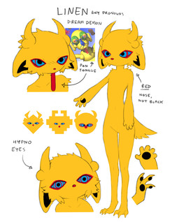2_horns ambiguous_anthro ambiguous_gender anthro barefoot black_inner_ear blue_eyes blue_sclera feet fur horn hypnotic_eyes long_tongue monotone_body monotone_fur monotone_tail mouthless red_eyes red_nose simple_background solo standing tail text tongue tongue_out white_background yellow_body yellow_ears yellow_fur yellow_horn jejejunum lsd:_dream_emulator linen_(lsd_dream_emulator) demon dream_creature english_text full-length_portrait model_sheet portrait