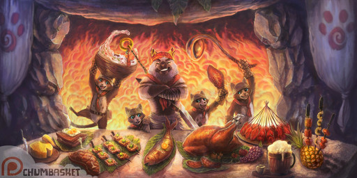 anthro black_body black_fur blue_eyes bowl brown_body brown_fur cheese chicken_meat container crossed_arms dairy_products eyes_closed feet fire fish_meat food fried_egg front_view fur grin group holding_bowl holding_container holding_food holding_ladle holding_object male male_anthro meat open_mouth open_smile smile text white_body white_fur chumbasket domestic_cat felid feline felis mammal 2:1 artist_name hi_res
