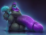 anthro balls big_balls big_penis black_balls black_body black_fur blue_body blue_eyes blue_fur felid feline flaccid fur genitals hair hi_res huge_balls huge_penis hyper hyper_balls hyper_genitalia hyper_penis kalebur male mammal multicolored_body multicolored_fur penis purple_body purple_fur purple_hair purple_penis slightly_chubby solo standing vein veiny_penis yumelle