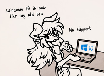 anthro bra chair clothing computer desktop dress electronics female furniture hair humor laptop long_hair simple_background sitting smug_expression solo text underwear bagelcollie microsoft microsoft_windows windows_10 bagel_(bagelcollie) border_collie canid canine canis collie domestic_dog herding_dog mammal pastoral_dog sheepdog 2025 digital_media_(artwork) english_text meme monochrome