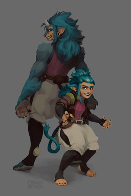 anthro arm_warmers armwear belt blue_body blue_fur blue_hair bottomwear broken_horn claws clothing duo ear_accessory fangs female finger_claws footwear front_view fur hair horn jacket long_hair looking_at_viewer pawpads pointy_ears rear_view red_eyes shorts snout socks stirrup_socks sweater sweater_vest tan_body tan_skin teeth topwear transformation vest pavanz dungeons_and_dragons hasbro wizards_of_the_coast gingko_(pavanz) felid human mammal tabaxi hi_res