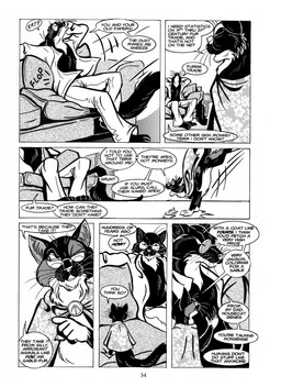 age_difference annoyed anthro athletic athletic_male barefoot black_body black_fur black_tail cape cape_only cheek_tuft chest_fur chest_tuft claws clothed clothing countershade_neck countershading covering covering_eyes covering_face dialogue dream duo elderly_female eyewear facial_tuft feet female feral flop fur furniture gesture glasses hand_gesture hand_on_chest inner_ear_fluff jacket jumping long_tail looking_at_another male mostly_nude older_female on_sofa onomatopoeia open_clothing open_jacket open_topwear pince-nez pointing pointing_at_another seductive sitting sitting_on_sofa size_difference sofa sound_effects speech_bubble tail talking_to_another text tired topwear touching_chest tuft whiskers younger_male roz_gibson scott_ruggels jack_salem simone_(roz_gibson) calico_cat domestic_cat felid feline felis gulonine mammal marten mustelid musteline sable_(marten) 2002 artist_collaboration black_and_white comic english_text hi_res monochrome
