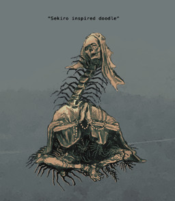 ambiguous_gender cloak clothing horror_(theme) quotation_marks simple_background sitting solo teeth text veil plastiboo fromsoftware sekiro:_shadows_die_twice animal_humanoid arthropod arthropod_humanoid centipede_humanoid humanoid myriapod myriapod_humanoid digital_media_(artwork) english_text hi_res sketch