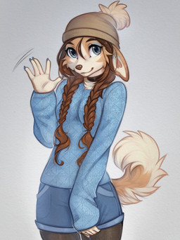 anthro biped bottomwear breasts claws clothed clothed_anthro clothed_female clothing female fingers front_view fully_clothed fully_clothed_anthro fully_clothed_female fur hair looking_at_viewer simple_background smile solo standing tail topwear yshanii cotton_(yshanii) canid canine canis dingo mammal 2026 digital_drawing_(artwork) digital_media_(artwork) hi_res