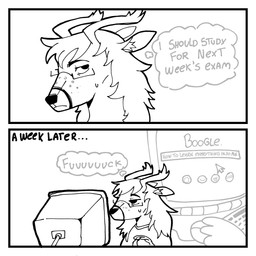 anthro antlers computer computer_mouse ears_back electronics eyewear freckled_face freckles glasses hair horn long_hair male pivoted_ears solo spot_freckles spots spotted_face text thought_bubble tired_eyes wearing_glasses dudefication noel_(mr_doc) deer humanoid mammal 1:1 comic english_text hi_res monochrome