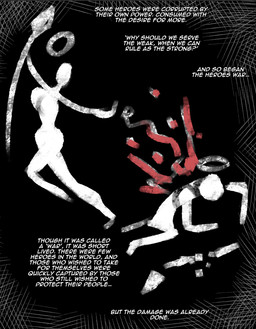big_breasts blood bodily_fluids breasts cave_painting defeated duo female fight halo holding_melee_weapon holding_object holding_polearm holding_spear holding_weapon lore male melee_weapon not_furry polearm spear text weapon thevarking human mammal 2025 black_and_white english_text hi_res monochrome story