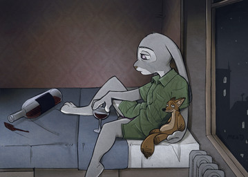 3_toes alcohol anthro bed beverage bottomless clothed clothing container cup drinking_glass drunk ears_down feet female fur furniture glass glass_container glass_cup grey_body grey_fur holding_object inside male on_bed pivoted_ears plushie purple_eyes radiator sad solo spill spread_legs spreading substance_intoxication toes wine_glass anothercolouranon rockbottomfeeder disney zootopia judy_hopps nick_wilde canid canine fox lagomorph leporid mammal rabbit 2017 signature