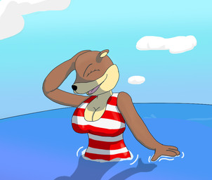anthro breasts clothing eyes_closed female sea simple_background smile solo swimming swimwear water chaoskres broadside_beach shipwrecked_64 olive_otter mammal mustelid otter