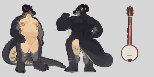 anthro banjo_(instrument) big_tail blue_body blue_scales butt dark_body dark_scales feathers gills horn looking_at_viewer male musclegut muscular muscular_anthro muscular_male musical_instrument nipple_piercing nipples overweight overweight_male piercing plucked_string_instrument scales solo string_instrument tail teeth teeth_showing yellow_eyes xyder halpatae_(0mniz0nk) alligator alligatorid crocodilian deinosuchus hybrid reptile scalie absurd_res hi_res tagme