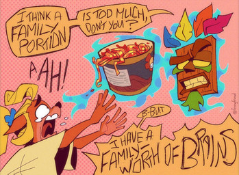 anthro blonde_hair bodily_fluids clothing dialogue duo female food hair male mask noodles open_mouth shirt tears tongue topwear frongfriend activision crash_bandicoot_(series) aku_aku coco_bandicoot animate_inanimate bandicoot living_mask mammal marsupial 2026