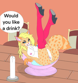 areola big_breasts boots breasts clothing container cup drinking_glass female footwear genitals glass glass_container glass_cup hair high_heeled_boots high_heels legwear looking_at_viewer nipples shoes solo tail text thigh_boots thigh_highs vulva wine_glass imjim007 felid feline mammal absurd_res english_text hi_res