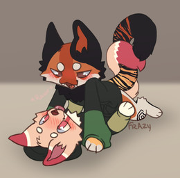 anthro blush blush_lines chibi clothing duo entwined_tails flirting heart_symbol hoodie intersex intersex/male love male male/male open_mouth pinned pounce power_bottom rawr service_top submissive submissive_male sweater tail tail_coil tongue tongue_out topwear frazy foxxie_(frazy) canid canine canis domestic_cat domestic_dog felid feline felis hybrid mammal hi_res