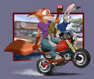 all_fours anthro bottomwear clenched_teeth clothed clothing duo female fur grey_body holding_object male motorcycle open_mouth pants riding_motorcycle shirt sitting tail teeth topwear vehicle worried worried_face worried_look taka_studio disney honda zootopia judy_hopps nick_wilde canid canine canis fox lagomorph leporid mammal rabbit red_fox true_fox digital_media_(artwork) hi_res